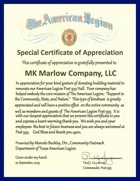 MK Marlow Company Awarded Special Certificate of Appreciation | MK Marlow